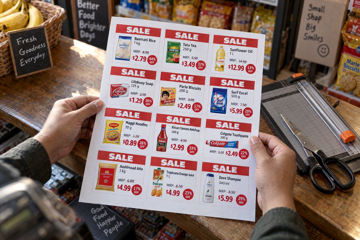 Hands holding a freshly printed A4 sheet of price tags
