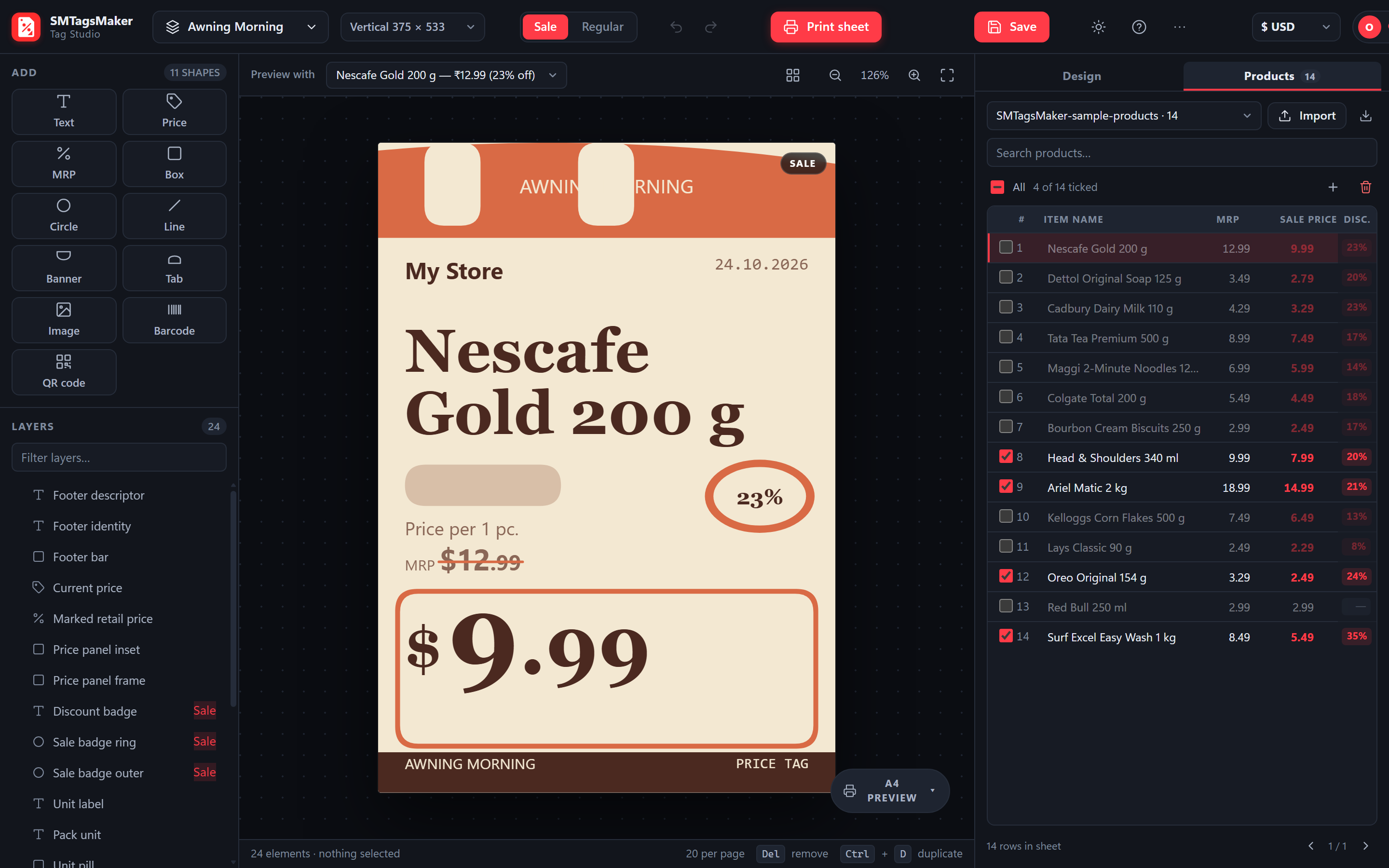 The product sheet with rows, MRP, sale price and calculated discount
