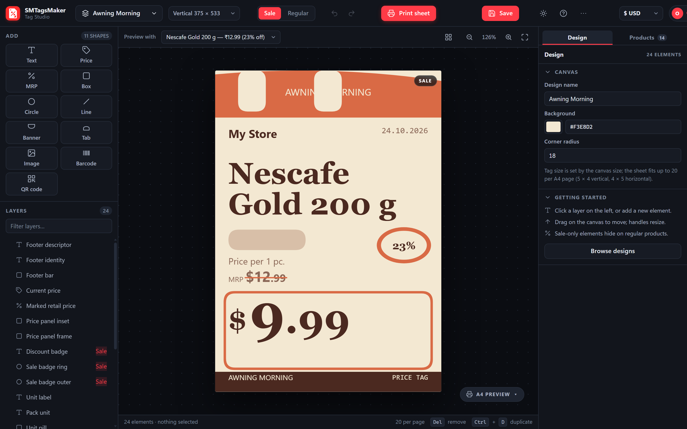 The tag editor with the live A4 preview in the corner